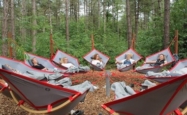 Zwevend vergaderen in een hangmat het bos in Brabant Zwevend vergaderen in een hangmat het bos in Brabant