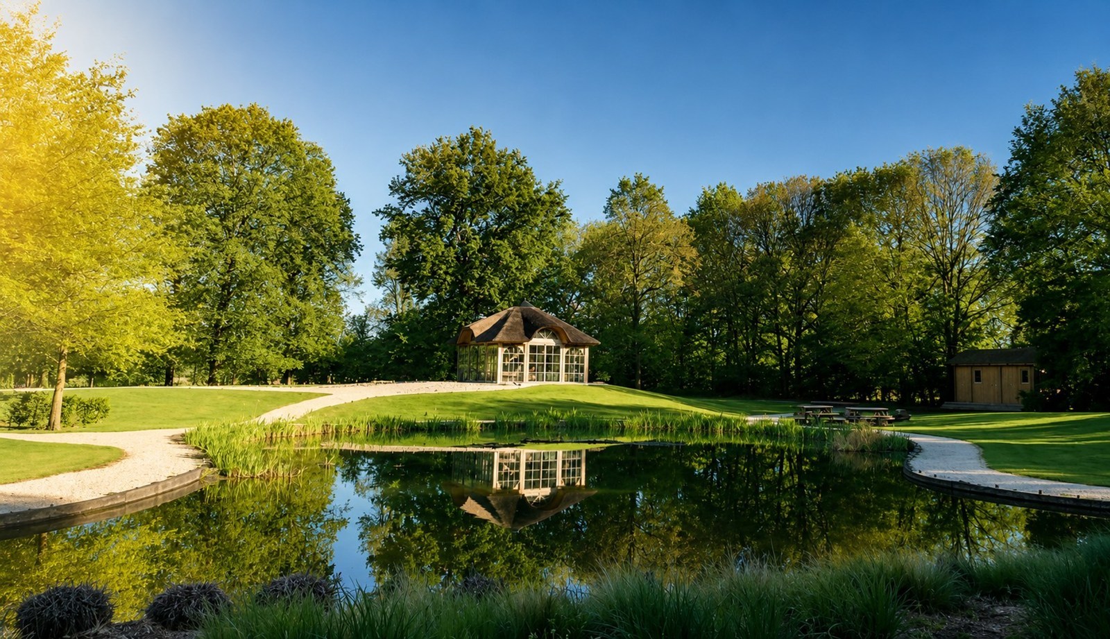 Vergaderen in een bijzonder eiken paviljoenhuis op een landgoed